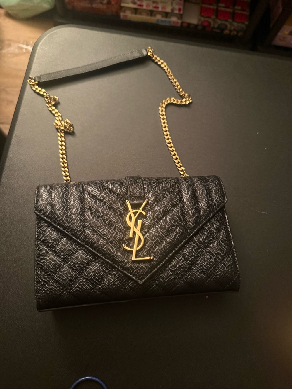 Saint Laurent Black Quilted Leather Crossbody with Gold YSL Logo and Chain